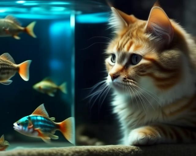 Кот, который следит за рыбками в аквариуме